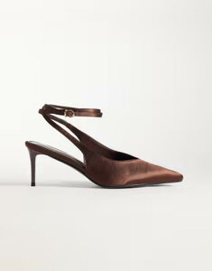 �V�~ ���f�B�[�X �V���[�Y �p���v�X �T�e�� �q�[�� SIMMI Shoesimmi London Wide Fit Sonika tie leg heeled pumps in chocolate satin CHOCOLATE SATIN �`���R���[�g