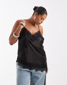 �I�����[�J�[�u ���f�B�[�X �g�b�v�X �V���c �T�e�� ���[�X ONLY Curve asymm lace hem satin cami top Black �u���b�N