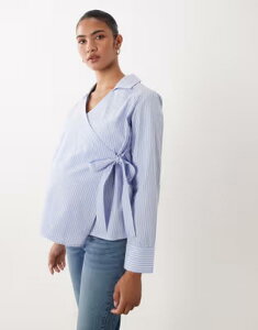 �}�}���C�V�A�X ���f�B�[�X �g�b�v�X �V���c �}�^�j�e�B Mama.licious Mamalicious Maternity 2-function tie side shirt in light blue stripe Brunnera blue �u���[