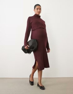 �}�}���C�V�A�X ���f�B�[�X �g�b�v�X �����s�[�X �~�f�B �j�b�g �}�^�j�e�B Mama.licious Mamalicious Maternity soft knitted rib midi dress with nursing function melange Windsor wine ���C��