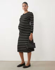 �}�}���C�V�A�X ���f�B�[�X �g�b�v�X �����s�[�X �~�f�B �j�b�g �}�^�j�e�B Mama.licious Mamalicious Maternity long sleeve knit midi dress with white stripes Black �u���b�N