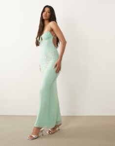 �^�C�K�[�~�X�g ���f�B�[�X �g�b�v�X �����s�[�X �}�L�V Tiger Mist Ophelia diamante flower detail strappy tie front low back maxi dress in light GREEN �O���[��