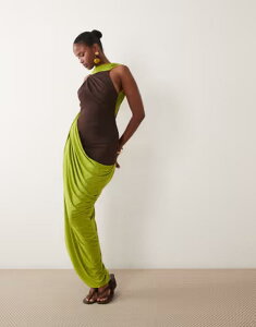 �G�C�\�X ���f�B�[�X �g�b�v�X �����s�[�X �h���[�v �X�J�[�g �}�L�V ASOS DESIGN maxi dress with draped skirt into scarf detail and Brown And Green �O���[��