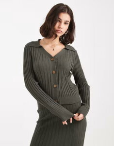 �I�u�W�F�N�g ���f�B�[�X �A�E�^�[ �J�[�f�B�K�� �|���V���c ���u �j�b�g Object ribbed knit button front polo in deep khaki green - part of a set Kambaba �O���[��