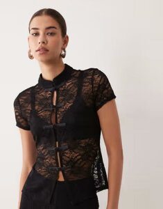 �G�C�\�X ���f�B�[�X �g�b�v�X �V���c ���[�X ASOS DESIGN short sleeve lace mandarin collar top Black �u���b�N