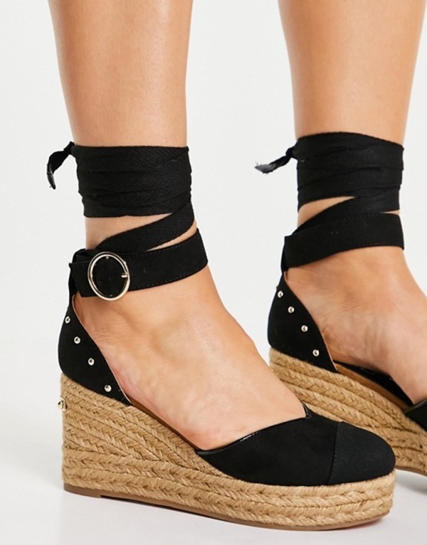 リバーアイランド レディース サンダル シューズ River Island studded heeled espadrille wedge sandal in black Black コンフォートサンダル