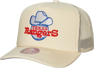 yz ~b`F&lX Y Xq ANZT[ Mitchell & Ness Texas Rangers White Coop Evergreen Trucker Hat