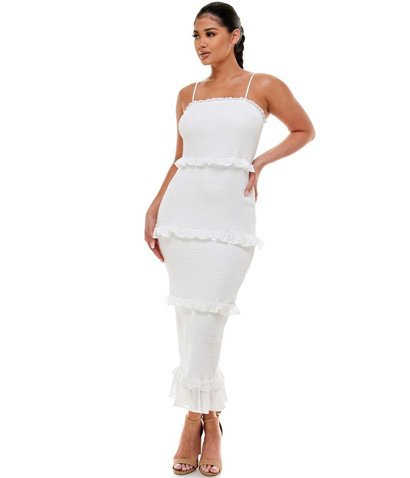 新しいブランド 【送料無料】 DRESS ベベ MIDI レディース ワンピース レディース ワンピース トップス Georgette Smocked  特別セール品ミスガイデッド Midi Dress White