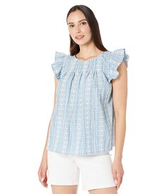 【送料無料】 エリオットローレン レディース シャツ トップス Ibiza Ruffle Sleeve Top with Gathered Yoke Detail Blue/White