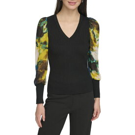 【送料無料】 ダナ キャラン ニューヨーク レディース ニット・セーター アウター Long Sleeve V-Neck Chiffon Sleeve Sweater Black/Citrine/B