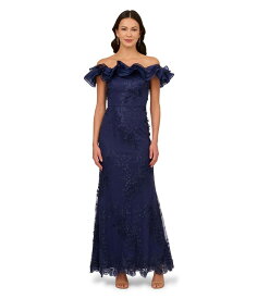 【送料無料】 アドリアナ パペル レディース ワンピース トップス Floral Ruffle Gown Light Navy