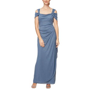 �A���b�N�X�C�u�j���O�X ���f�B�[�X �g�b�v�X �����s�[�X ���b�V�� Alex Evenings Long Glitter Mesh Cold Shoulder Dress Dusty Blue �u���[