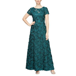 �A���b�N�X�C�u�j���O�X ���f�B�[�X �g�b�v�X �����s�[�X A ���C�� �X�p���R�[�� Alex Evenings Long A-Line Rosette Dress with Sequin Detail Emerald Green �O���[��