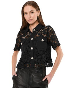 �Z�Z ���f�B�[�X �g�b�v�X �V���c �{�^���_�E�� ���[�X CeCe Patch Pocket Short Sleeve Lace Button Down Rich Black �u���b�N