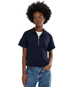 �G���I�b�g���[���� ���f�B�[�X �g�b�v�X �V���c �n�[�t�W�b�v Elliott Lauren Comfort Zone Quarter Zip Top With Extended Sleeves Navy �l�C�r�[