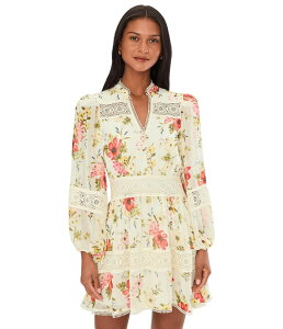 �A���F�b�N���t�B�[�� ���f�B�[�X �g�b�v�X �����s�[�X �~�j ���[�X Avec Les Filles Long Sleeve Lace Detail Mini Dress Cream Flower Pr �N���[��