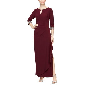�A���b�N�X�C�u�j���O�X ���f�B�[�X �g�b�v�X �����s�[�X A ���C�� Alex Evenings Long A-Line Dress with Embellished Sleeves and Neckline Fig