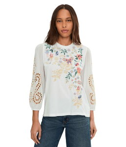 �W���j�[���Y ���f�B�[�X �g�b�v�X �V���c Johnny Was 3/4 Sleeve Mixed Media Tee - Arva White �z���C�g