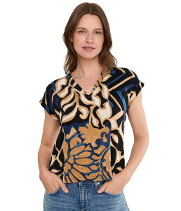 �j�b�N�v���X�]�[�C ���f�B�[�X �g�b�v�X �V���c �L���b�v Nic+zoe Deco Blooms Cap Sleeve Tee Blue Multi �u���[