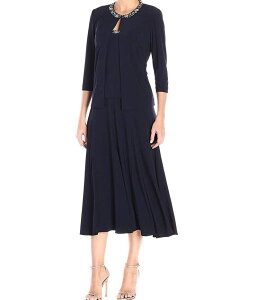�A���b�N�X�C�u�j���O�X ���f�B�[�X �g�b�v�X �����s�[�X �X�p���R�[�� �W���P�b�g Alex Evenings Women's 2 Piece Tea Length Jacket Dress with Sequin Beaded Trim Navy �l�C�r�[