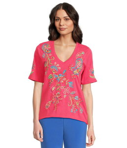 �W���j�[���Y ���f�B�[�X �g�b�v�X �V���c V�l�b�N T�V���c Johnny Was Raw Hem V-neck Tee - Karime Raspberry Sorbet