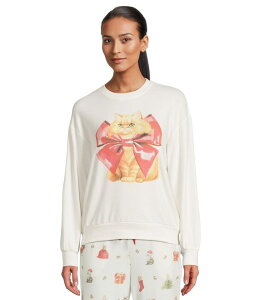 �s�[�W�F�C�T���x�[�W ���f�B�[�X �g�b�v�X �V���c �N���[�l�b�N P.J. Salvage Feline Festive Crewneck Top Ivory Cats �A�C�{���[