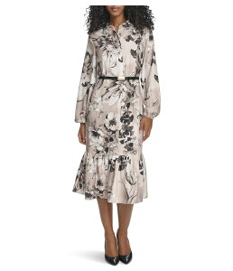 �J���o���N���C�� ���f�B�[�X �g�b�v�X �����s�[�X �N���[�v �~�f�B Calvin Klein Long Sleeve Dot Crepe Belted Bubble Hemidi Khaki Multi �J�[�L