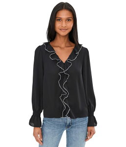�Z�Z ���f�B�[�X �g�b�v�X �V���c V�l�b�N �t���� �R���g���X�g CeCe Contrast Ruffle Trim Long Sleeve V-Neck Top Rich Black �u���b�N