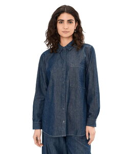 �G�C���[���t�B�b�V���[ ���f�B�[�X �g�b�v�X �V���c �R�b�g�� �f�j�� Eileen Fisher Lightweight Organicotton Denim Classicollar Long Shirt Dark Indigo �C���f�B�S