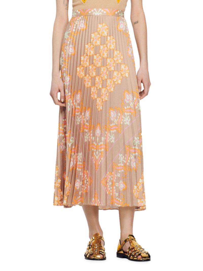 サンドロ レディース スカート ボトムス Long Printed Skirt With Pleats beige 通販 