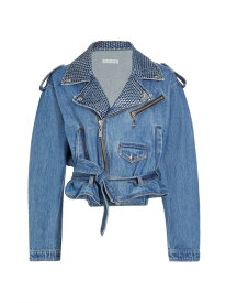 【送料無料】 エリア レディース ジャケット・ブルゾン アウター Crystal Embellished Denim Moto Jacket medium indigo
