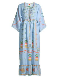 【送料無料】 ファーム レディース ワンピース トップス Pineapple-Embroidered Linen-Blend Maxi Dress blue