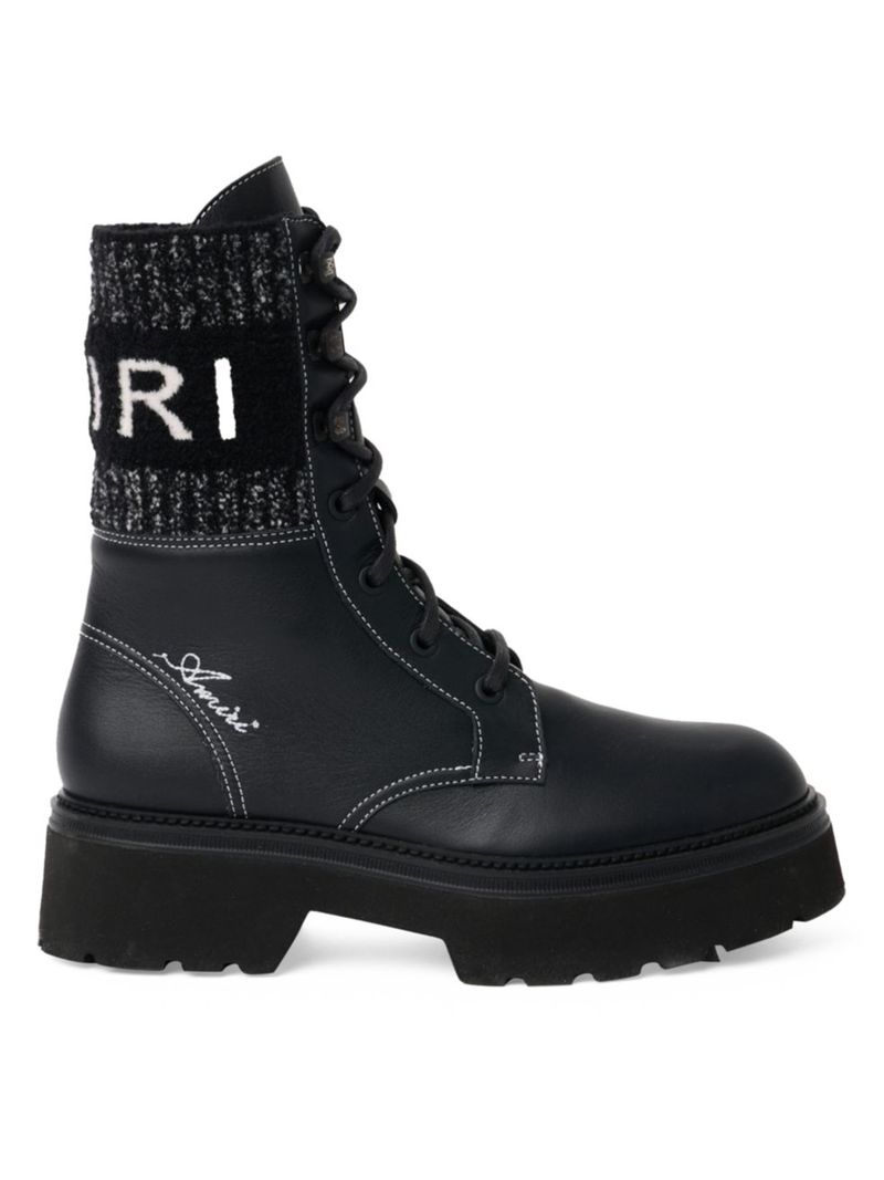  アミリ レディース ブーツ・レインブーツ シューズ Knit Logo Collar Leather Combat Boots black かわいい！