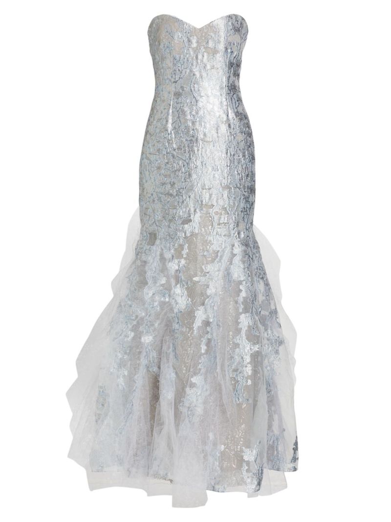 ルネルイス レディース ワンピース トップス Brocade Tulle Strapless Mermaid Gown Pale Blue  Silver ワンピース