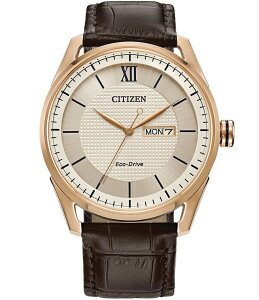 V`Y fB[X ANZT[ rv U[ Citizen Men's Classic Three Hand Brown Leather Strap Rose Gold Watch