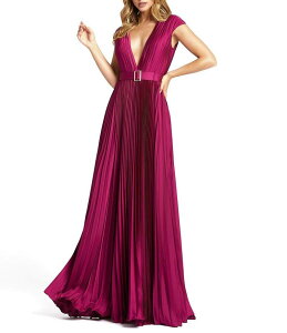 �}�b�N�_�K�� ���f�B�[�X �g�b�v�X �����s�[�X V�l�b�N �v���[�c �L���b�v Mac Duggal Pleated Deep V-Neck Cap Sleeve Belted Gown Raspberry