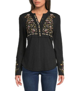���o ���f�B�[�X �g�b�v�X �V���c T�V���c �h�J Reba Sedona Scoop Neck Long Sleeve Embroidered Henley Tee Black �u���b�N
