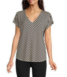 �M�u�\���A���h���e�B�}�[ ���f�B�[�X �g�b�v�X �V���c V�l�b�N T�V���c �j�b�g Gibson & Latimer Bias Stripe Knit V-Neck Dropped Short Sleeve Shell Shirttail Tee Shirt Black/Ivory �A�C�{���[