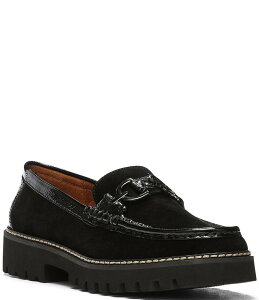 hihvl[ fB[X V[Y pvX vbgtH[ XG[h [t@[ Donald Pliner Helio Suede Hardware Patent Detail Lug Sole Platform Loafers Black ubN