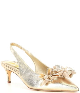 [sbc@[ fB[X V[Y q[ U[ Gold Lilly Pulitzer Amalia Saffiano Leather 3D Floral Kitten Heel Pumps