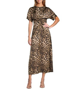 AgjI [j fB[X gbvX s[X Leopard Antonio Melani Gabriella Satin Leopard Print Crew Neck Short Sleeve Maxi Dress