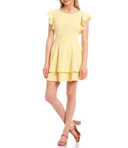 �~�b�h�i�C�g �h�[�� ���f�B�[�X �g�b�v�X �����s�[�X Midnight Doll Flutter Sleeve Double-Hem Fit & Flare Dress Pale Yellow �C�G���[