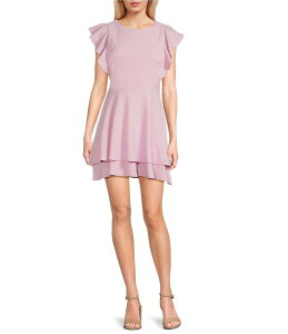 �~�b�h�i�C�g �h�[�� ���f�B�[�X �g�b�v�X �����s�[�X Midnight Doll Flutter Sleeve Double-Hem Fit & Flare Dress Pink �s���N
