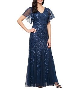 �A���b�N�X�C�u�j���O�X ���f�B�[�X �g�b�v�X �����s�[�X V�l�b�N �`���[�� �h�J Alex Evenings Short Sleeve V-Neck Embroidered Stretch Tulle Dress Navy �l�C�r�[