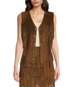 �X�J�[���[ ���f�B�[�X �A�E�^�[ �x�X�g V�l�b�N ���U�[ �t�����W Scully Leather V-Neck Fringe Snap Front Vest Cafe Brown �u���E��