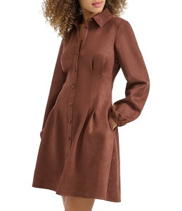 �P���W�[ ���f�B�[�X �g�b�v�X �����s�[�X �~�j�����s�[�X �v���[�c �~�j �X�G�[�h Kensie Suede Collar Neck Long Sleeve Button Front Pleated Mini Dress Brown �u���E��