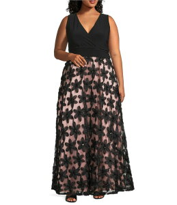���{ ���f�B�[�X �g�b�v�X �����s�[�X V�l�b�N �v���X�T�C�Y �m�[�X���[�u �h�J Le Bos Plus Size Sleeveless V-Neck 3D Embroidered Ball Gown Black/Blush �u���b�N