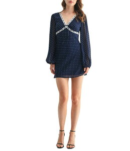 �I�[���C���t�{�[�� ���f�B�[�X �g�b�v�X �����s�[�X �h�b�g�� �~�j�����s�[�X �h�b�g �~�j All in Favor Polka Dot Long Sleeve Mini Dress Navy White �z���C�g