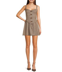 �V�e�B���@�C�u ���f�B�[�X �g�b�v�X �����s�[�X V�l�b�N �t���� City Vibe Plaid V-Neck Bow Front Ruffled Drop Waist Dress Beige/Black/Rust �u���b�N