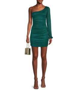 �W�����v ���f�B�[�X �g�b�v�X �����s�[�X �M���U�[ Jump One Shoulder Glitter Ruched Dress Hunter